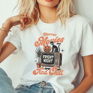 Funny Halloween Graphic Tee Black Cat Horror Movie Spooky Season T-Shirt